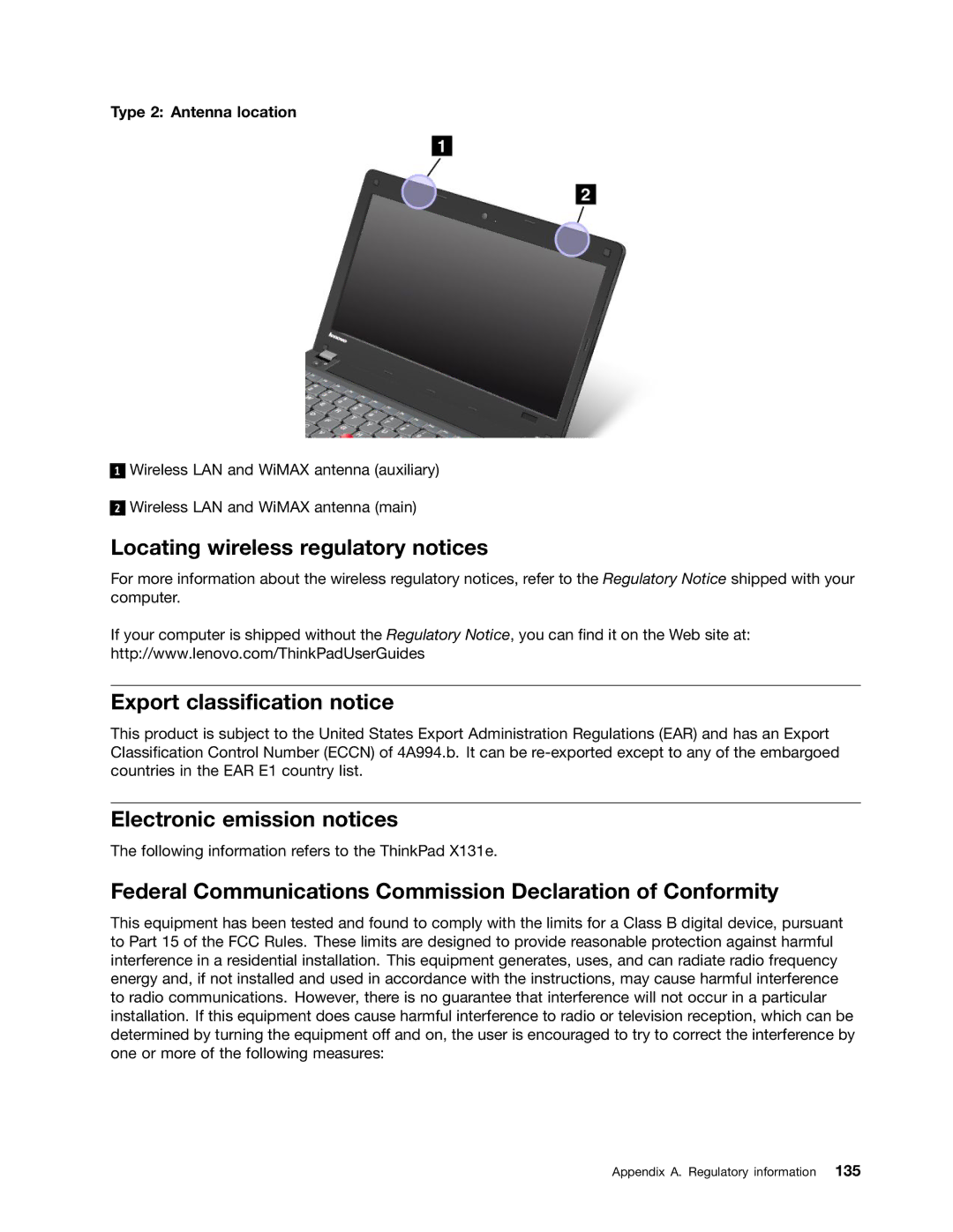 Lenovo X131E manual Locating wireless regulatory notices, Export classification notice, Electronic emission notices 