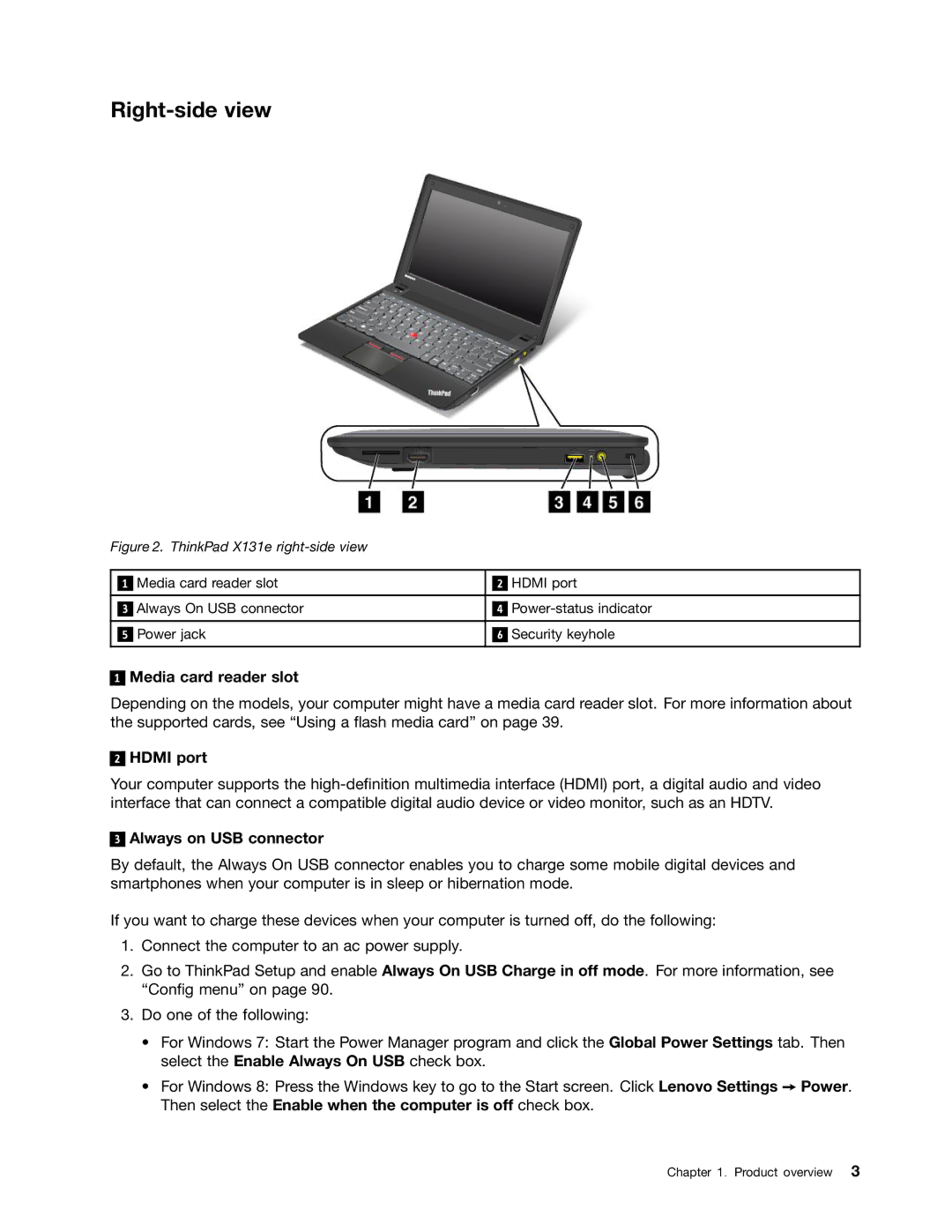 Lenovo X131E manual Right-side view, Media card reader slot, Hdmi port, Always on USB connector 