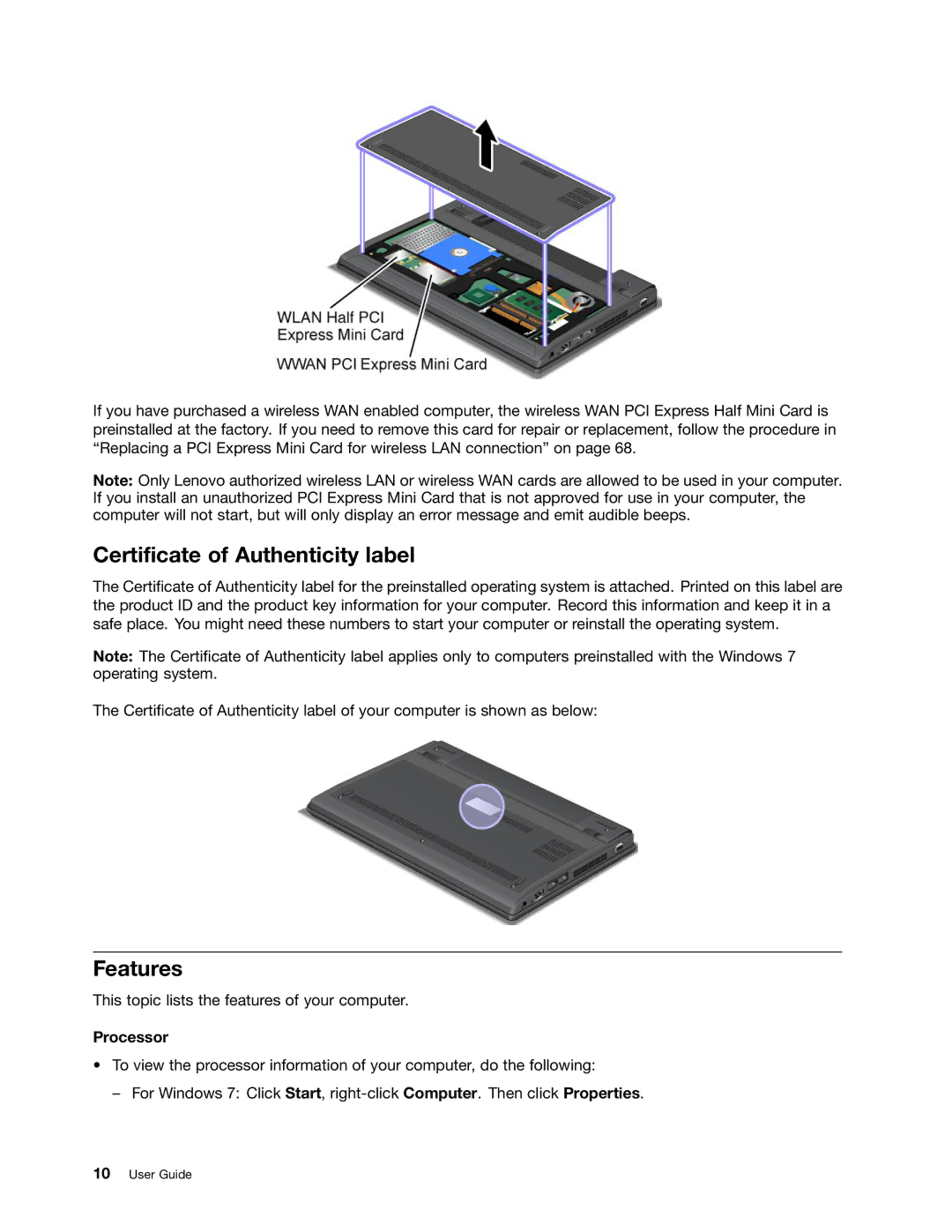 Lenovo X131E manual Certificate of Authenticity label, Features, Processor 