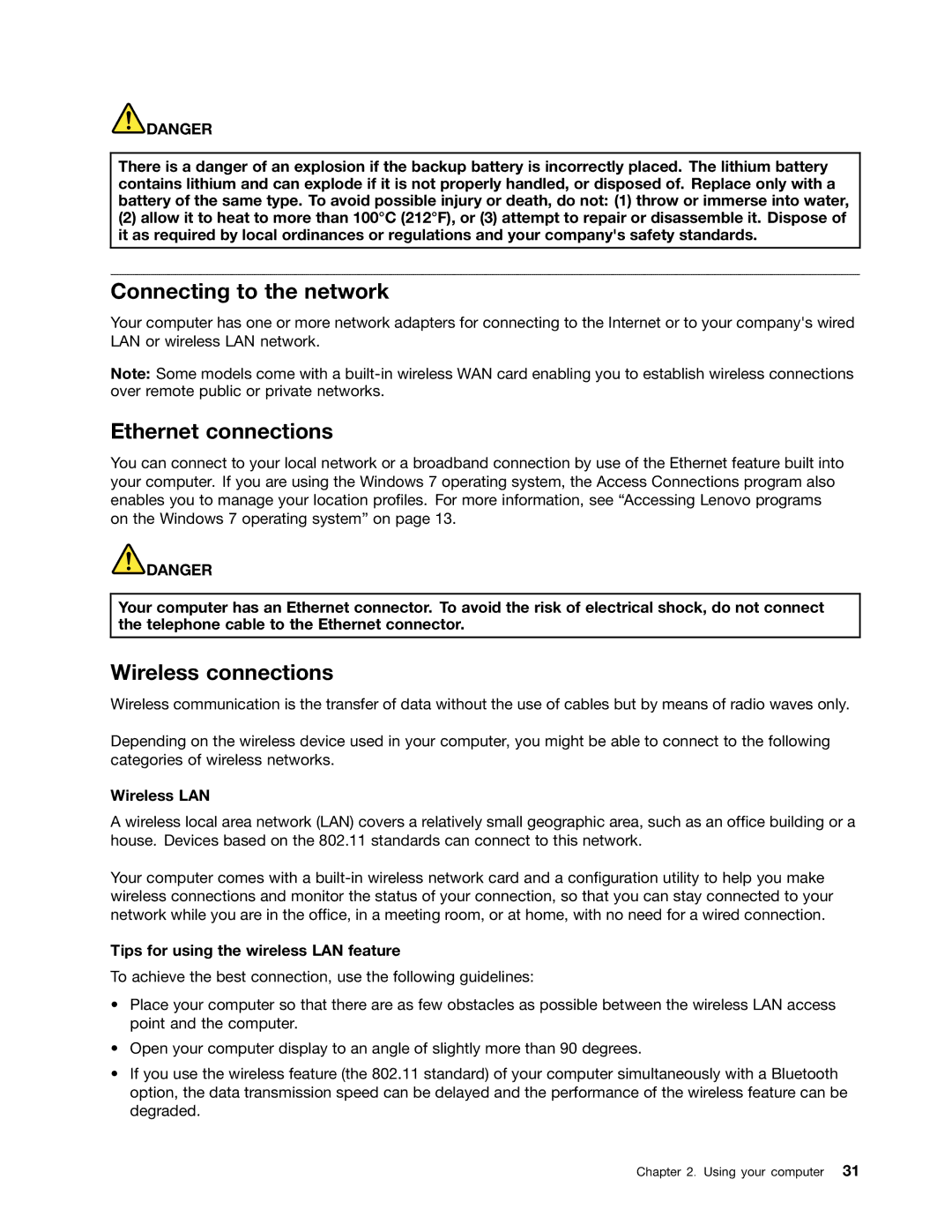 Lenovo X131E manual Connecting to the network, Ethernet connections, Wireless connections, Wireless LAN 