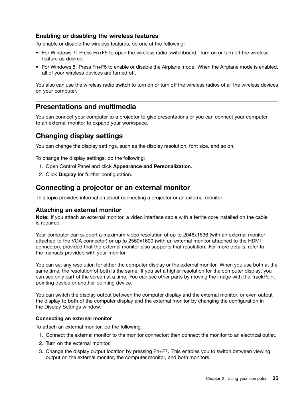 Lenovo X131E manual Presentations and multimedia, Changing display settings, Connecting a projector or an external monitor 