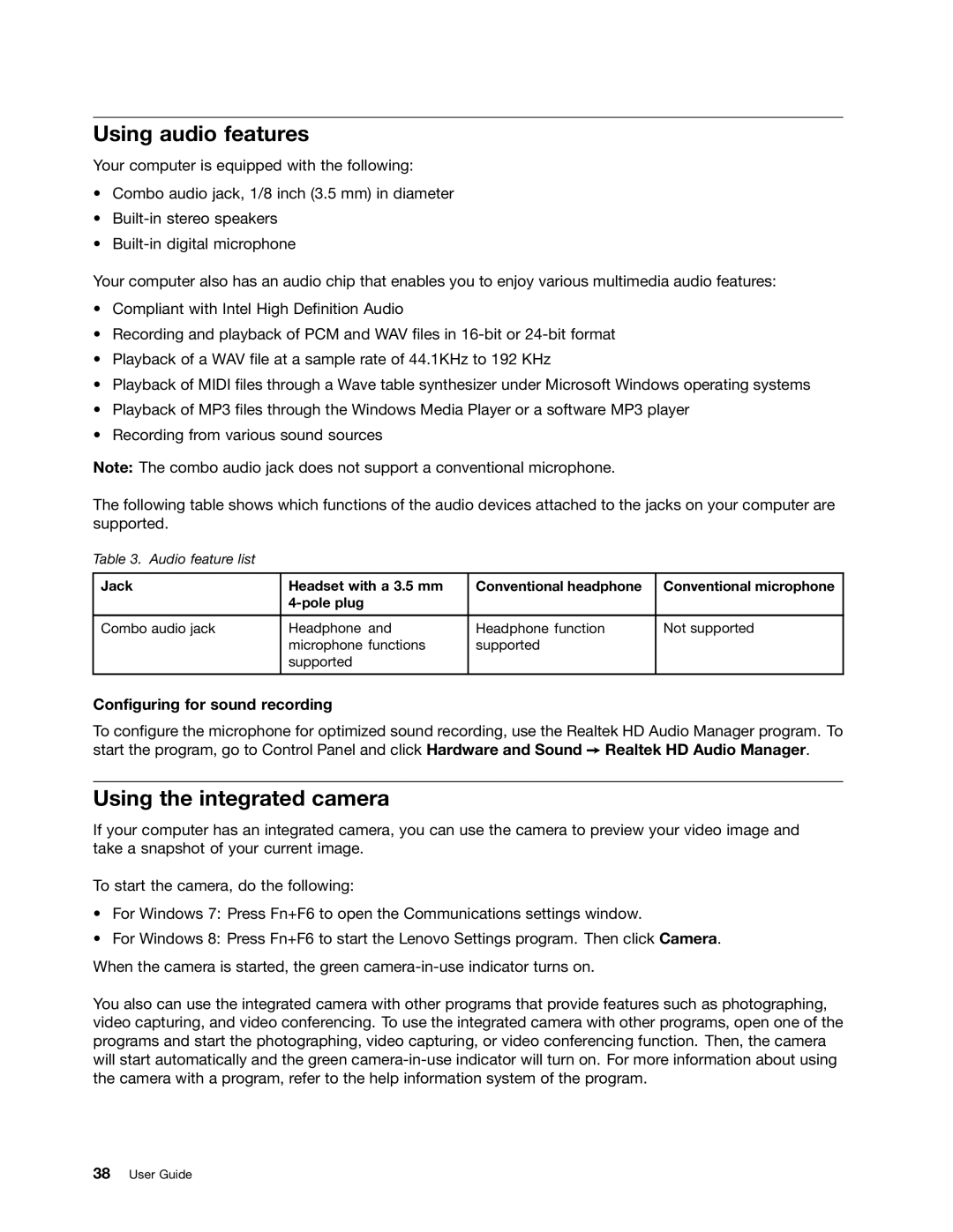 Lenovo X131E manual Using audio features, Using the integrated camera, Configuring for sound recording 