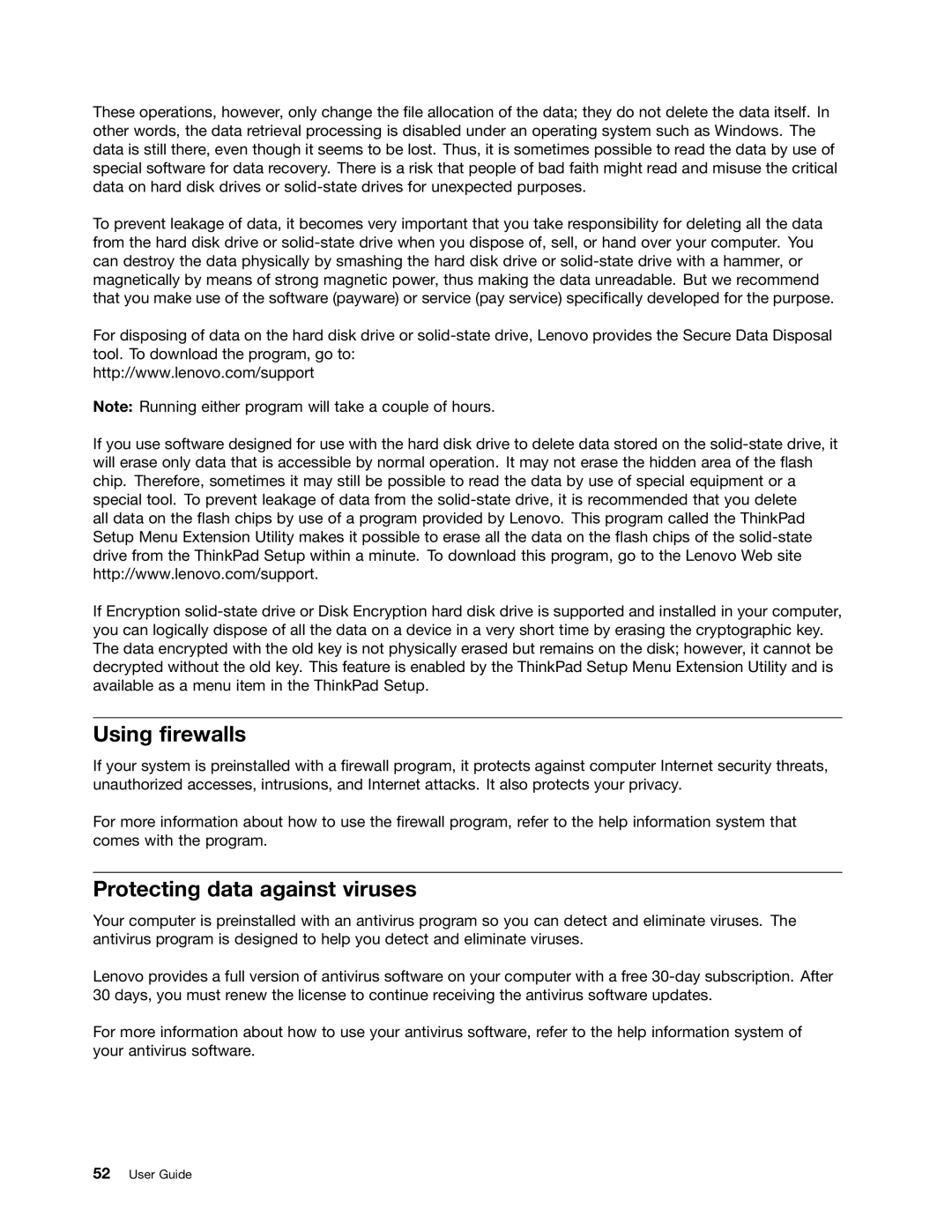 Lenovo X131E manual Using firewalls, Protecting data against viruses 
