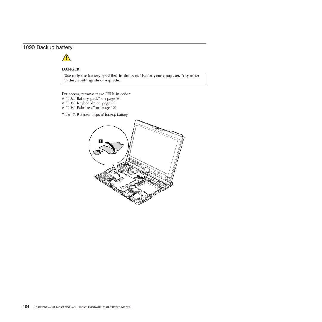 Lenovo X200, X201 manual Backup battery 