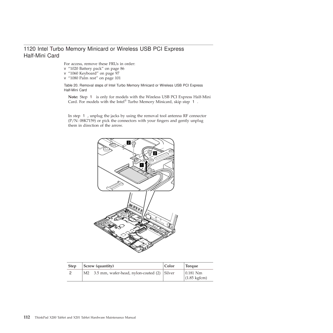 Lenovo X200, X201 manual Step Screw quantity Color Torque 