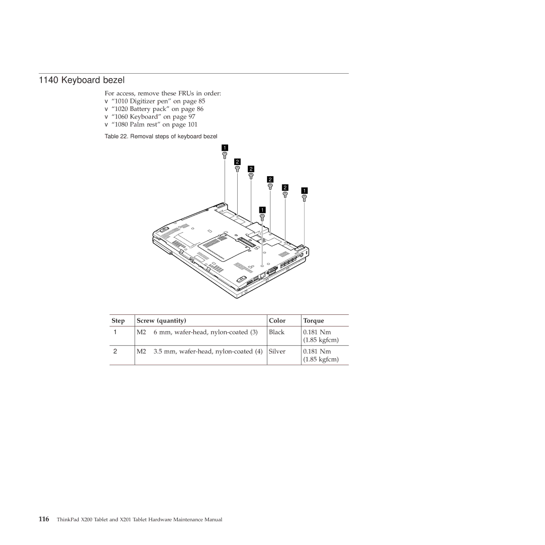 Lenovo X200, X201 manual Keyboard bezel 