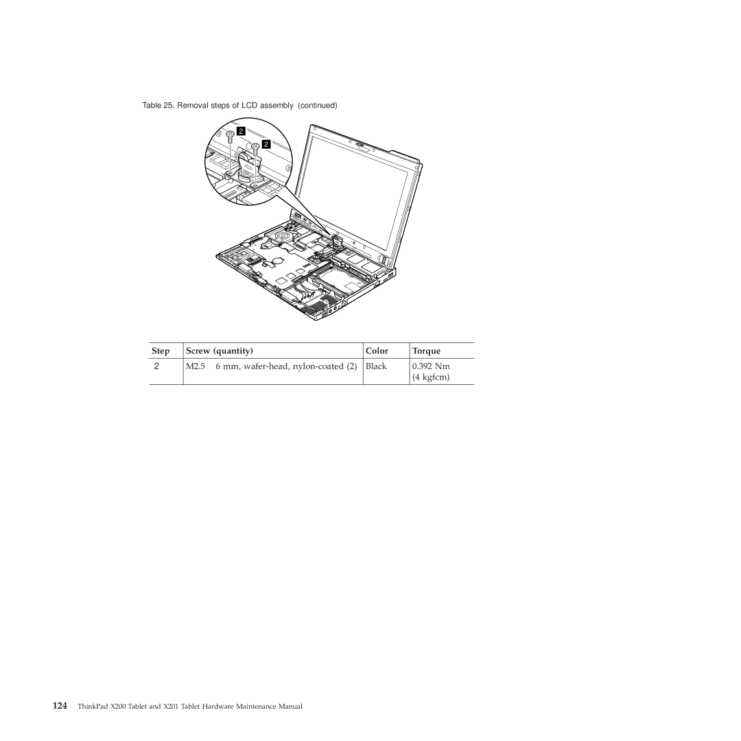 Lenovo X200, X201 manual Step Screw quantity Color Torque 