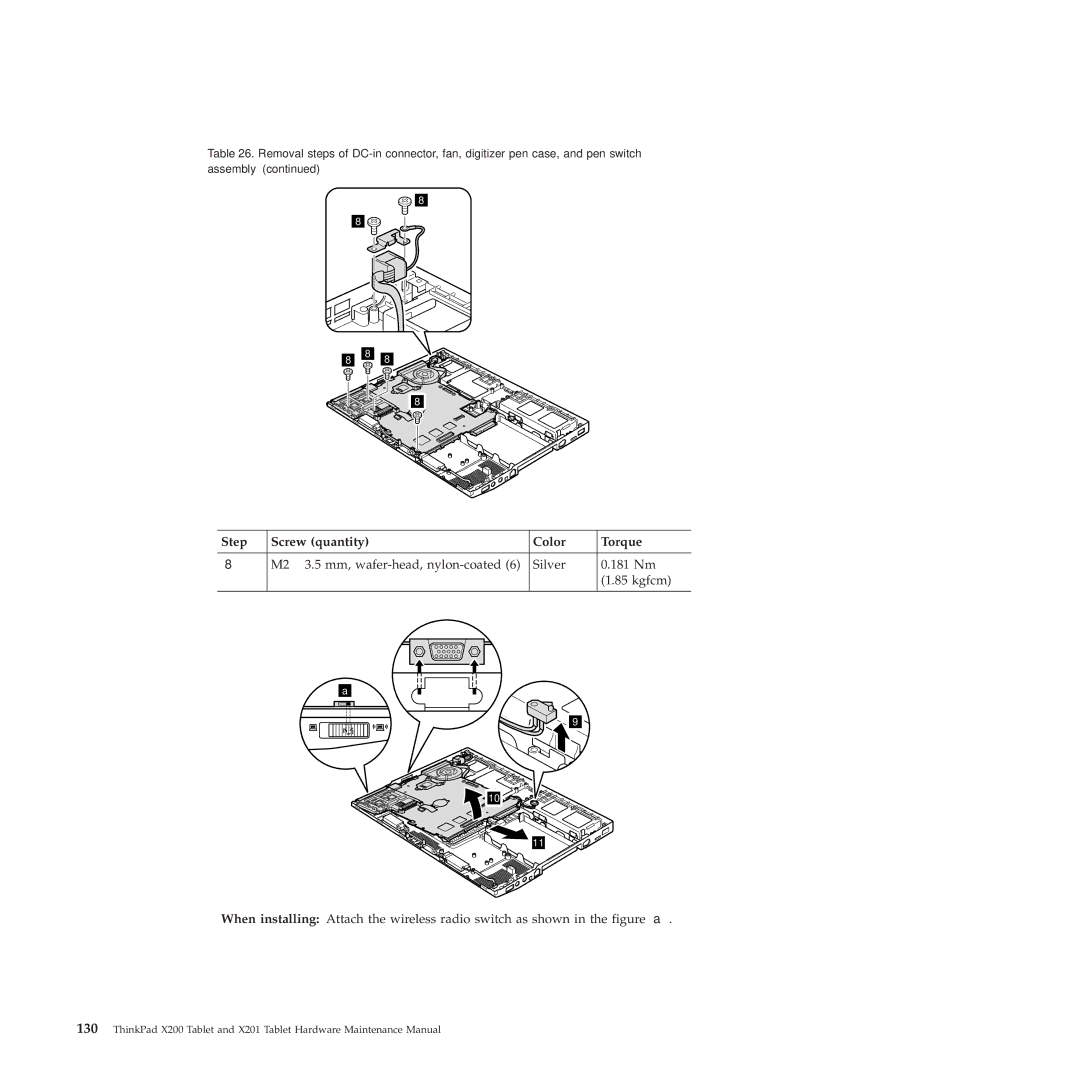 Lenovo X200, X201 manual Step Screw quantity Color Torque 