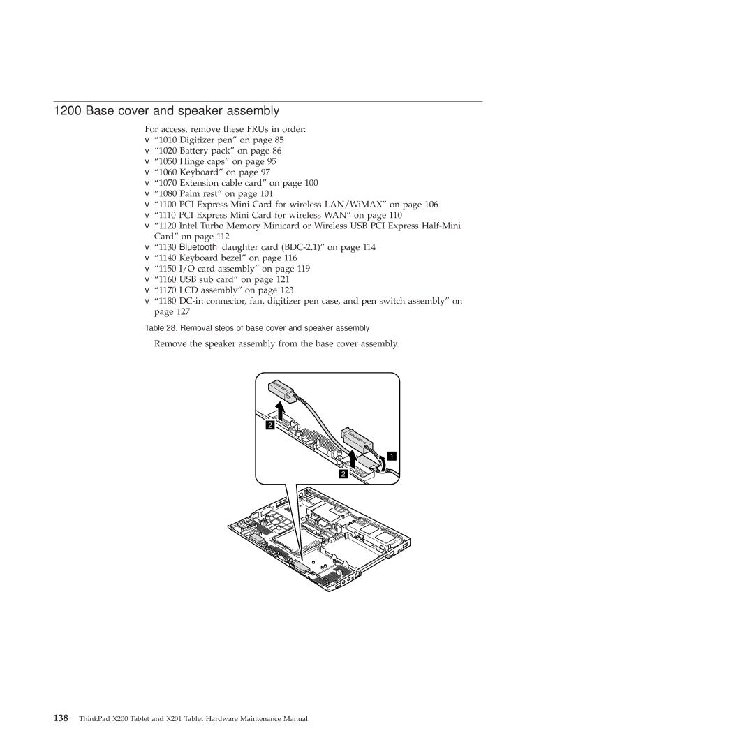 Lenovo X200, X201 manual Base cover and speaker assembly, Remove the speaker assembly from the base cover assembly 