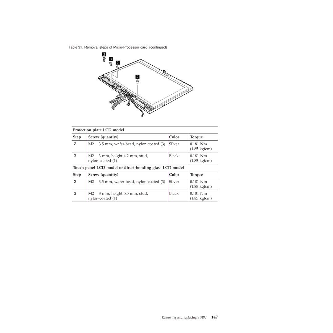 Lenovo X201, X200 manual Protection plate LCD model Step Screw quantity Color Torque 