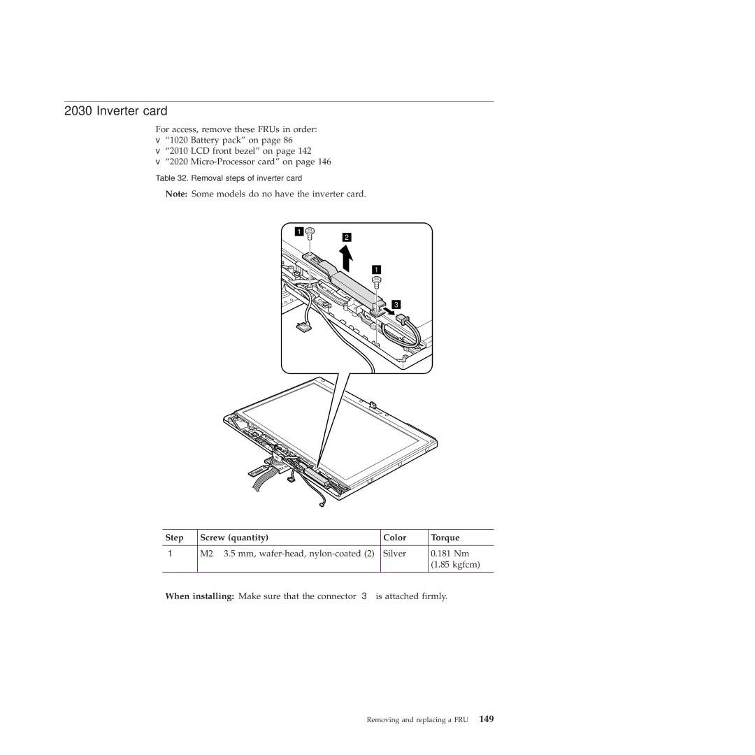 Lenovo X201, X200 manual Inverter card, Step Screw quantity Color Torque 