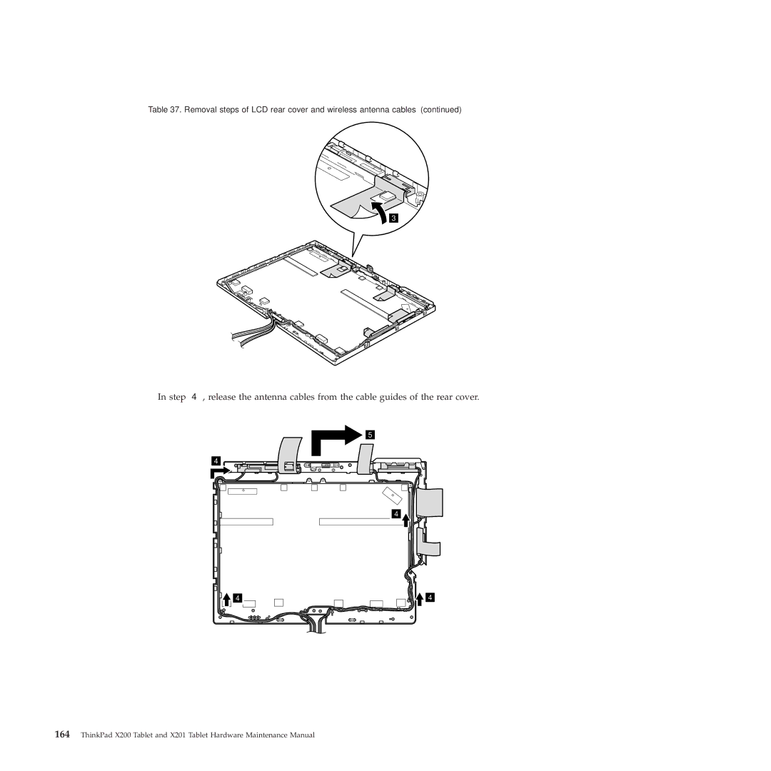 Lenovo X200, X201 manual Removal steps of LCD rear cover and wireless antenna cables 