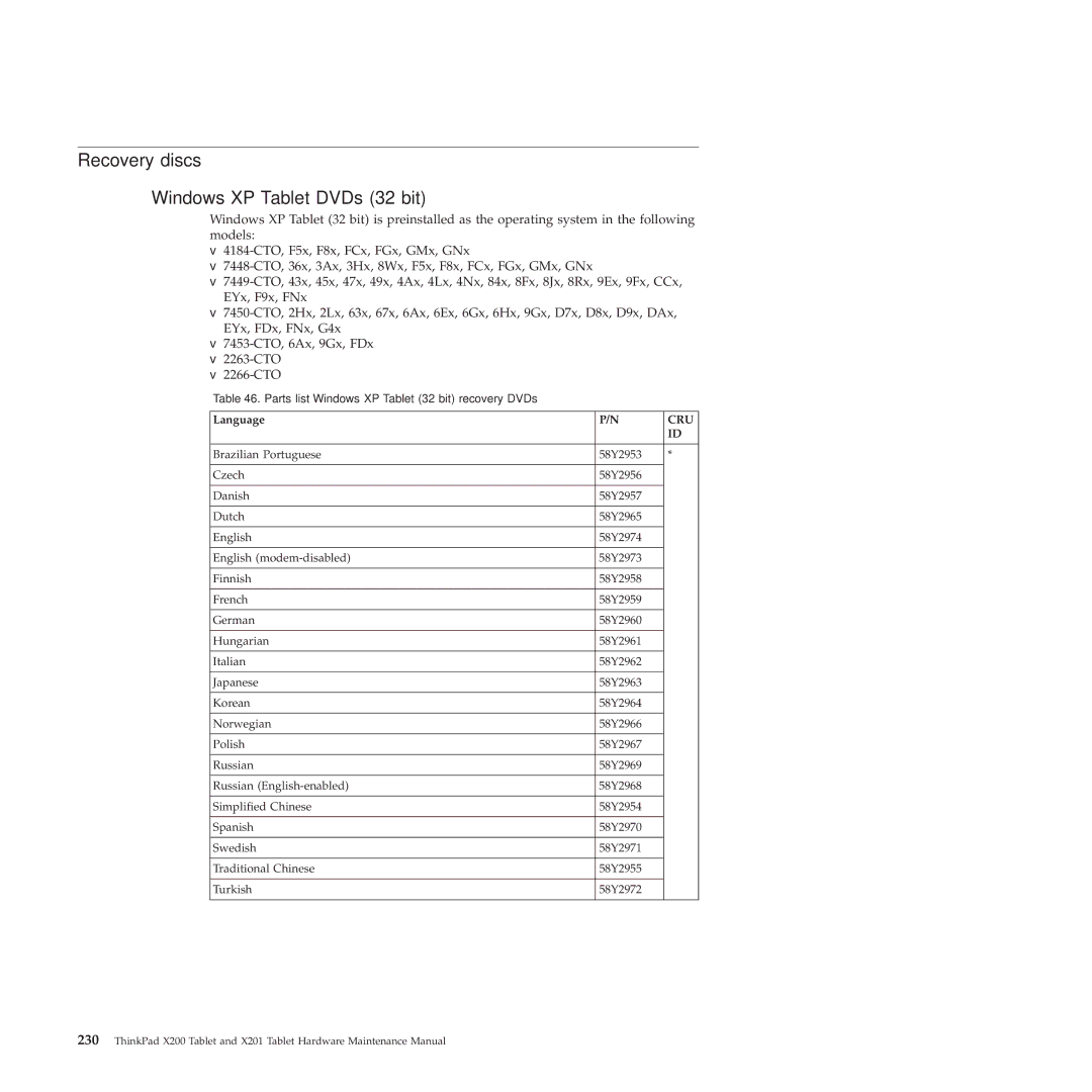 Lenovo X200, X201 manual Recovery discs Windows XP Tablet DVDs 32 bit, Language 