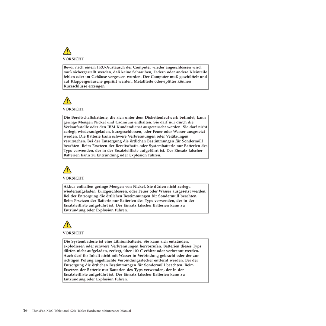 Lenovo X200, X201 manual Vorsicht 