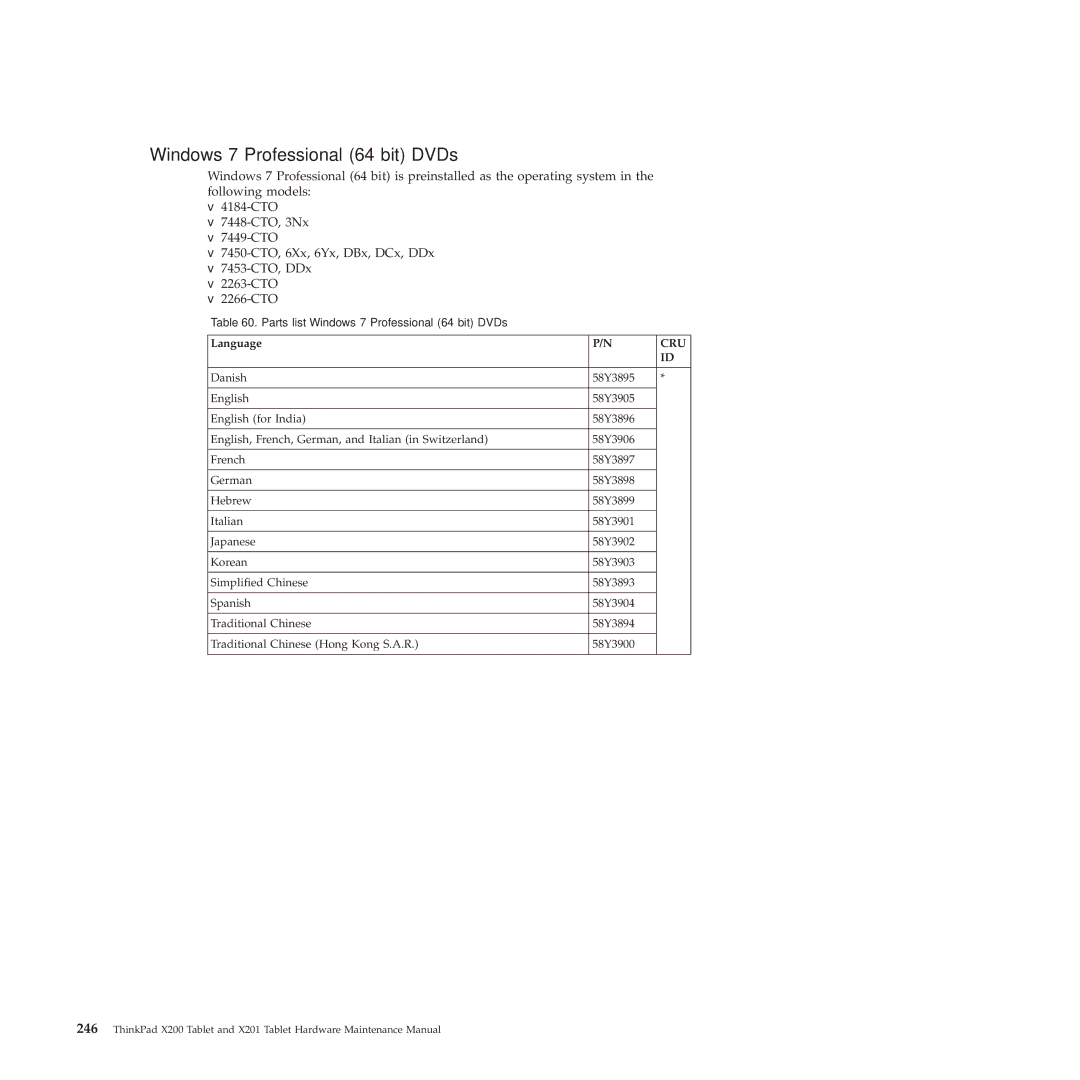 Lenovo X200, X201 manual Windows 7 Professional 64 bit DVDs 