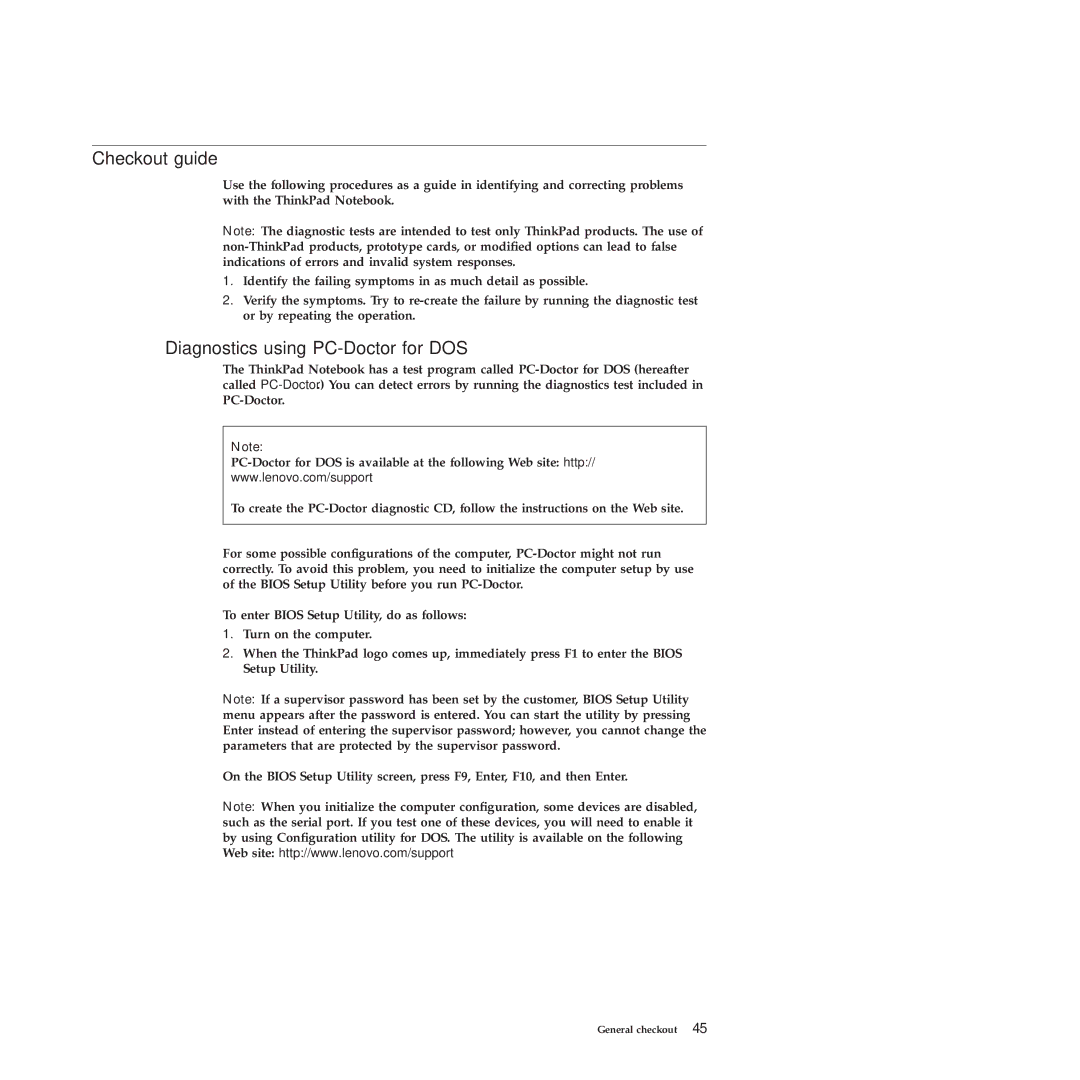 Lenovo X201, X200 manual Checkout guide, Diagnostics using PC-Doctor for DOS 