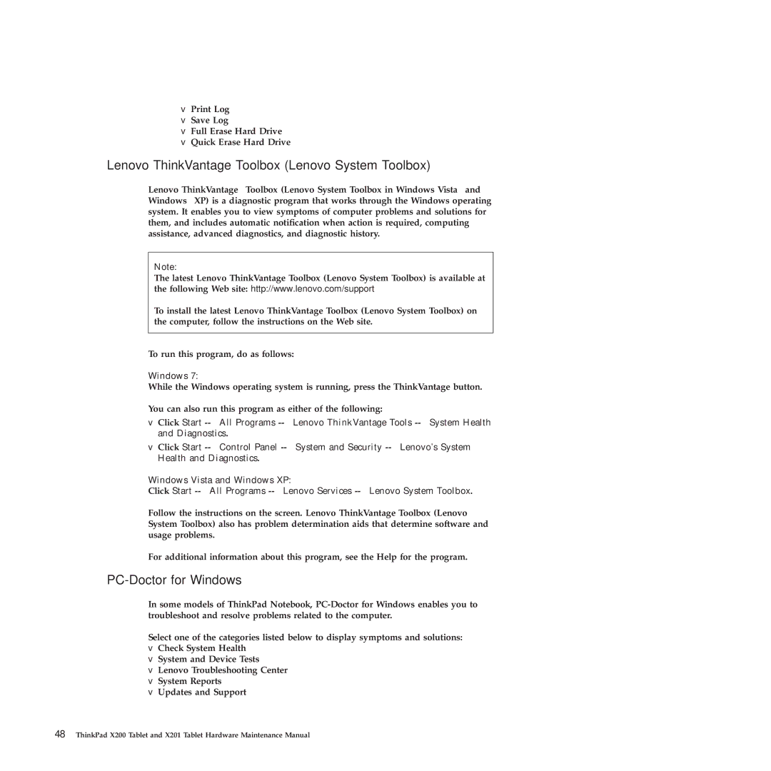 Lenovo X200, X201 manual Lenovo ThinkVantage Toolbox Lenovo System Toolbox, PC-Doctor for Windows 