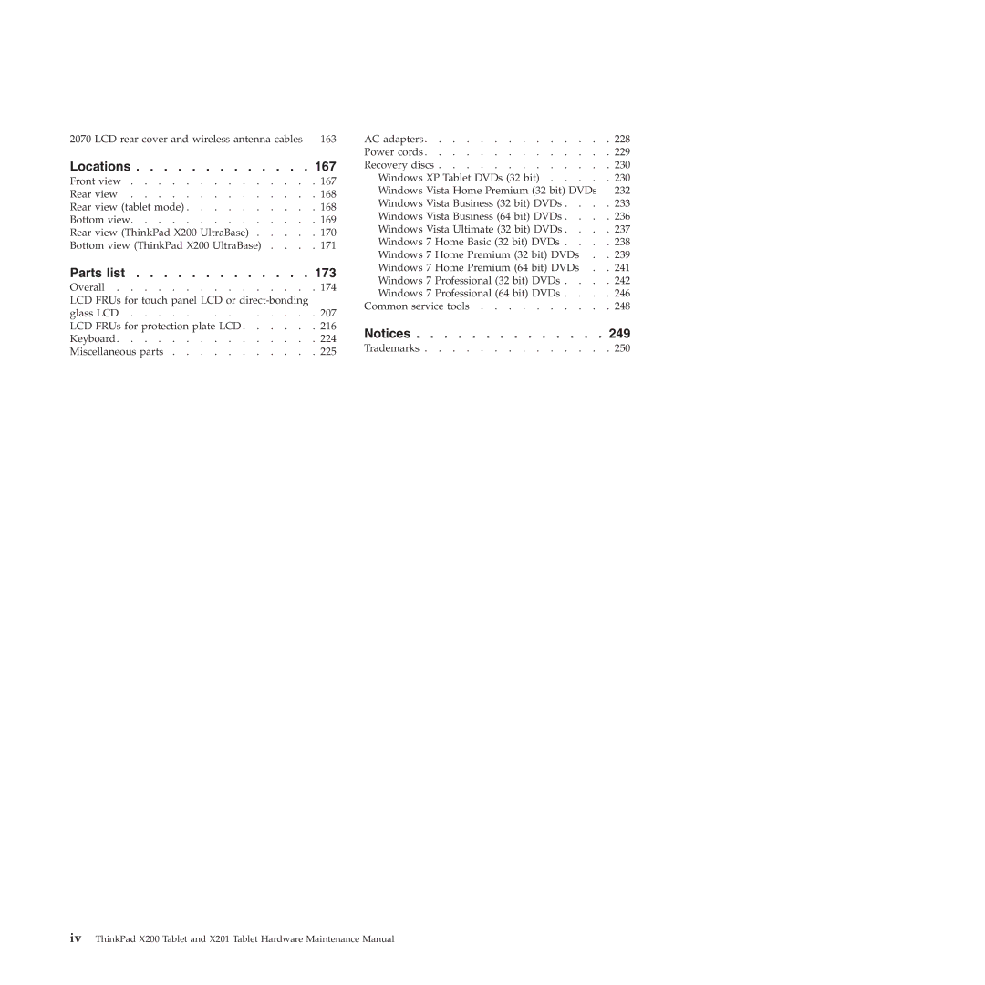 Lenovo X200, X201 manual Locations 167 