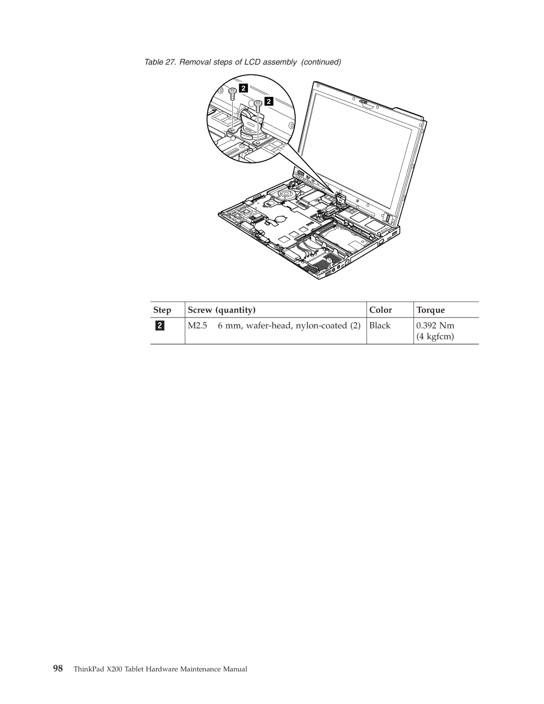 Lenovo X200 manual Step Screw quantity Color Torque 