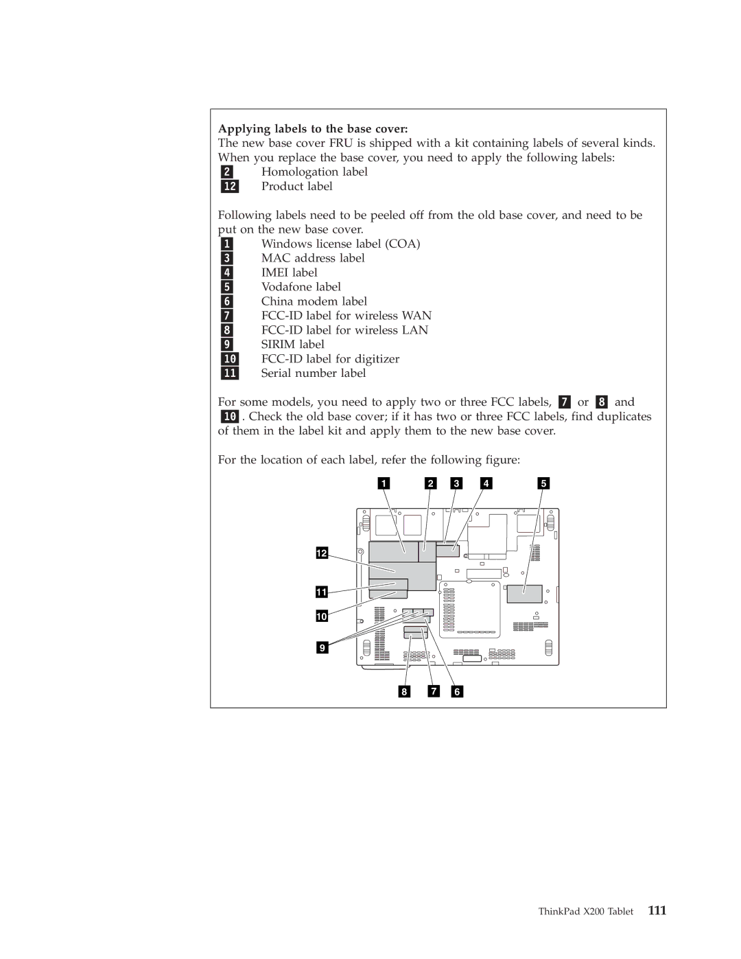 Lenovo X200 manual Applying labels to the base cover 