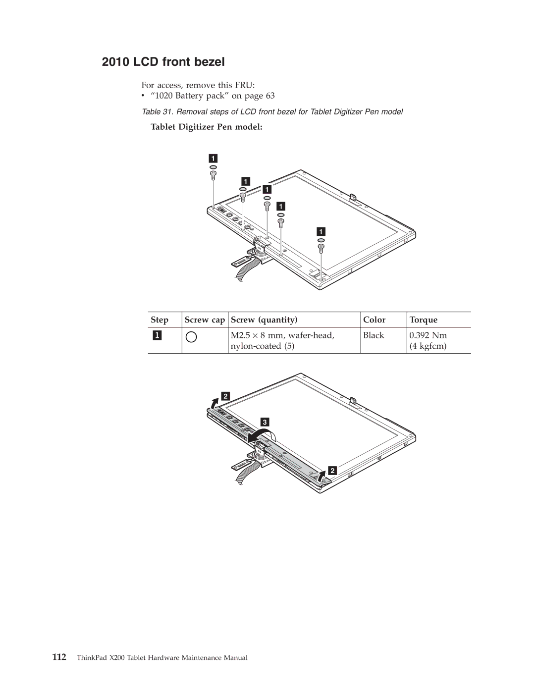 Lenovo X200 manual LCD front bezel, M2.5 ⋅ 8 mm, wafer-head Black 392 Nm Nylon-coated Kgfcm 