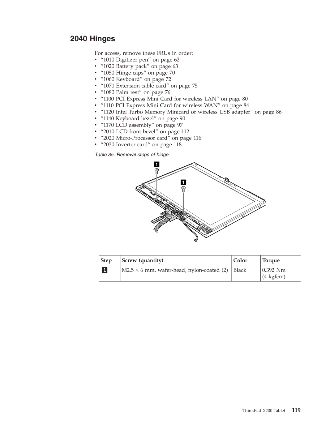 Lenovo X200 manual Hinges 