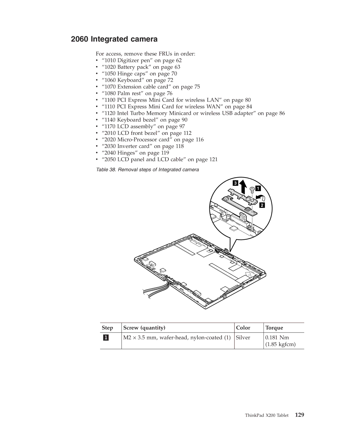 Lenovo X200 manual Integrated camera, Step Screw quantity Color Torque 