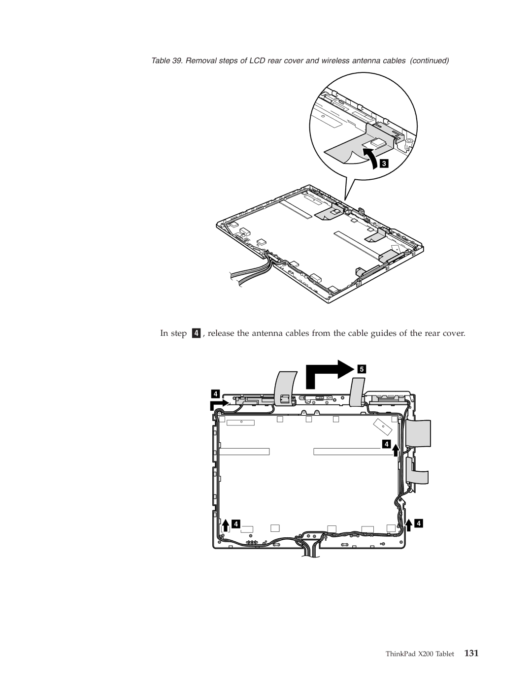 Lenovo X200 manual Removal steps of LCD rear cover and wireless antenna cables 