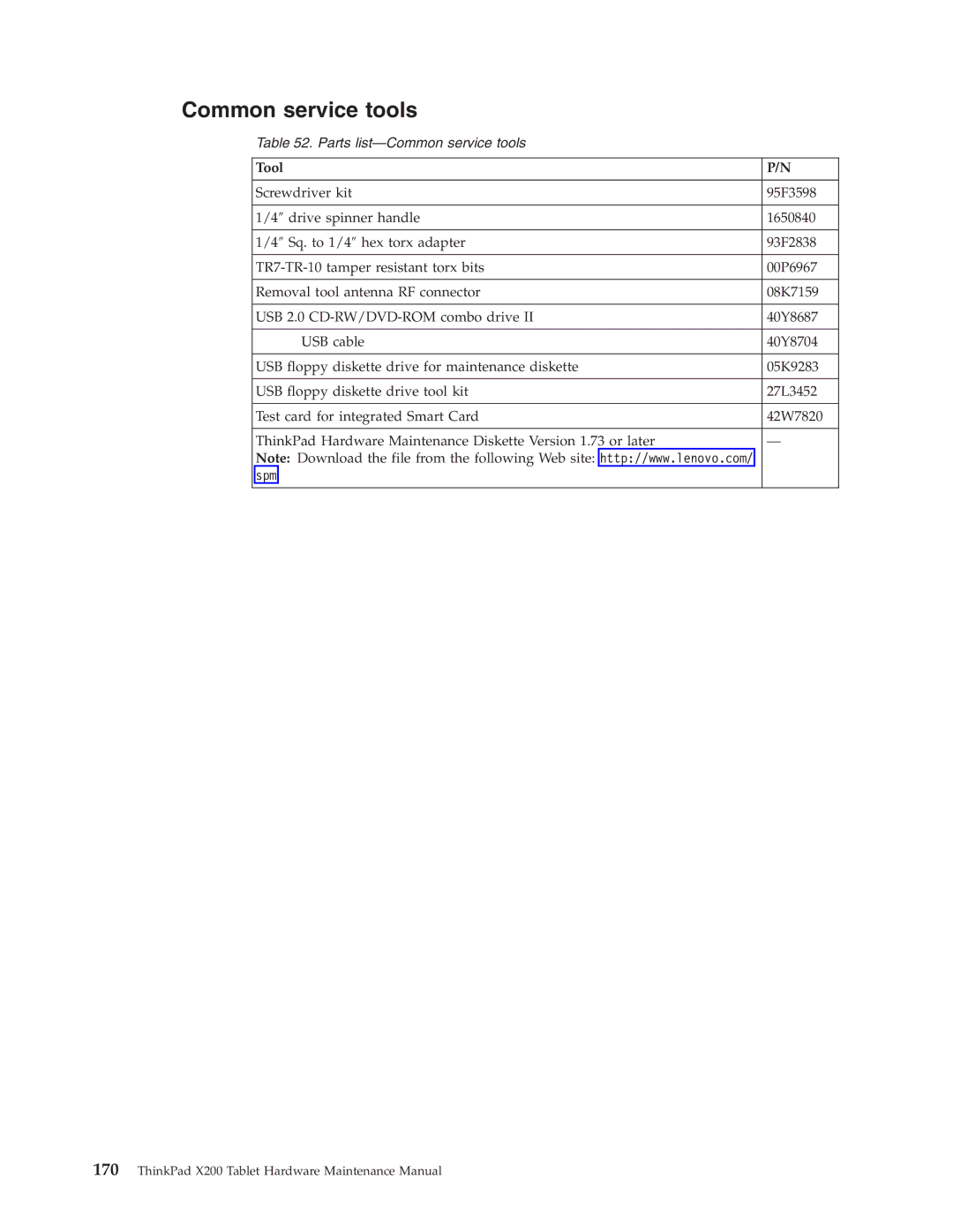 Lenovo X200 manual Common service tools, Tool 