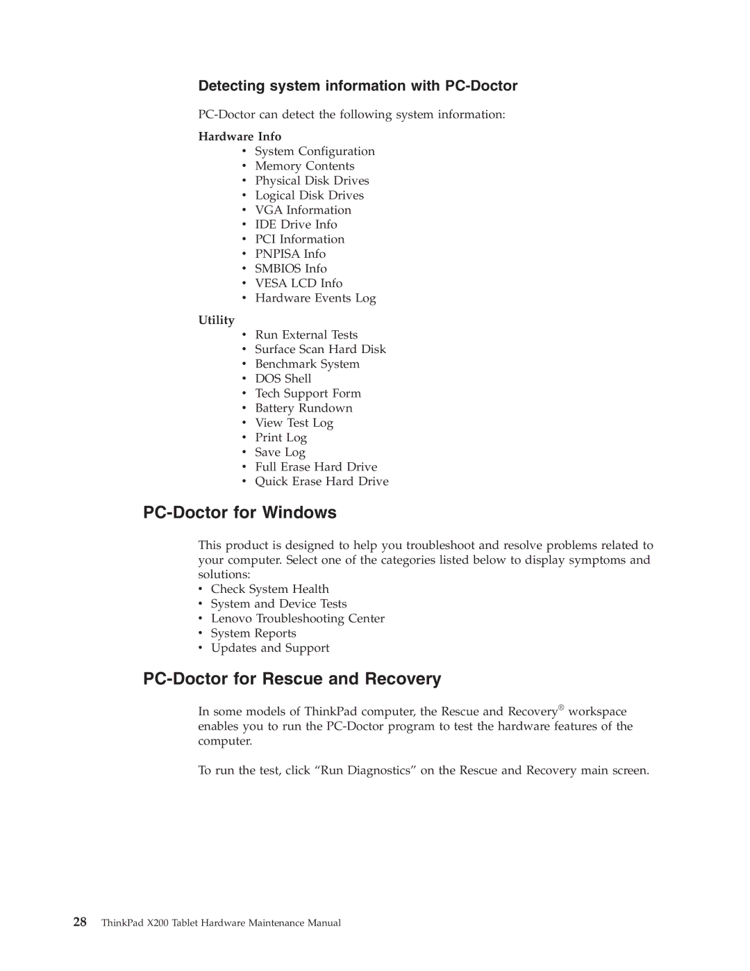 Lenovo X200 manual PC-Doctor for Windows, PC-Doctor for Rescue and Recovery, Hardware Info, Utility 