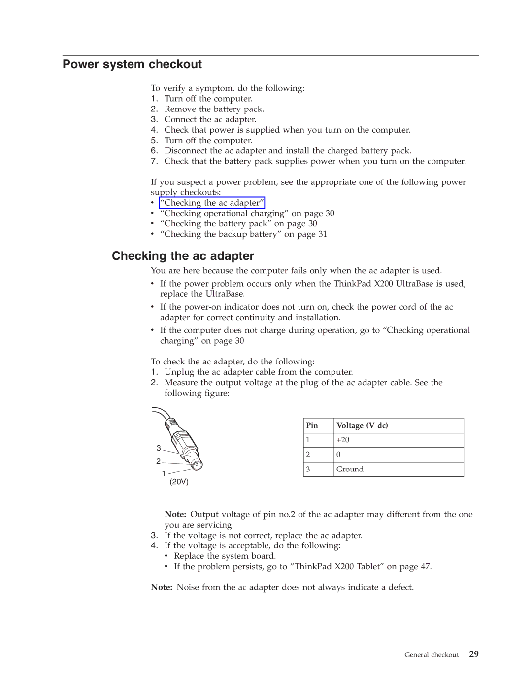 Lenovo X200 manual Power system checkout, Checking the ac adapter, Pin Voltage V dc 