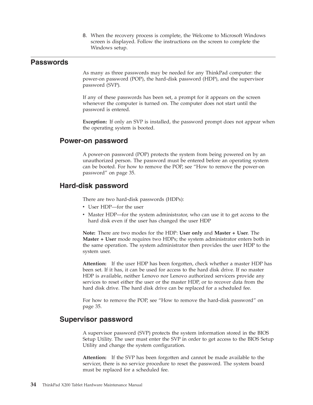 Lenovo X200 manual Passwords, Power-on password, Hard-disk password, Supervisor password 