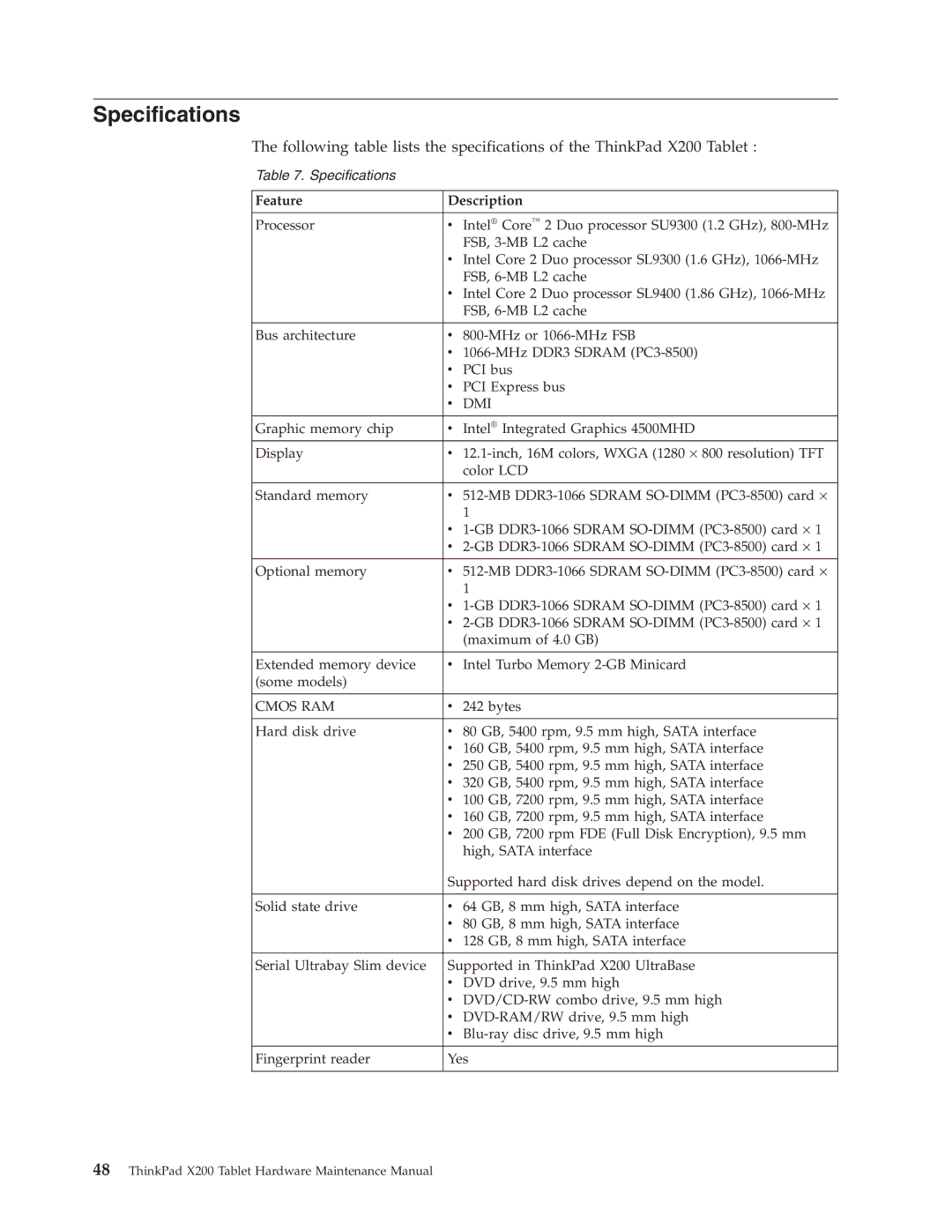 Lenovo X200 manual Specifications, Feature Description 