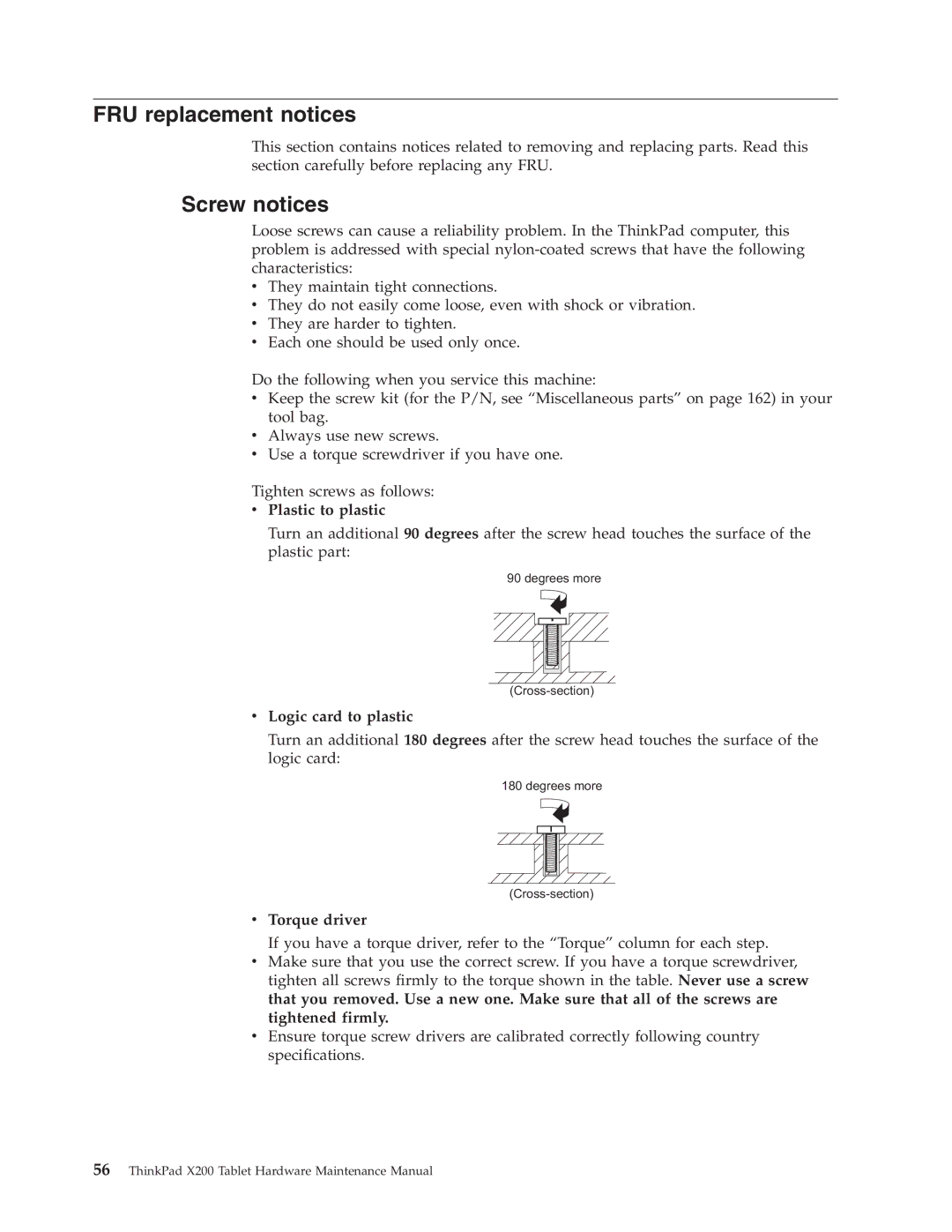 Lenovo X200 manual FRU replacement notices, Screw notices, Plastic to plastic, Logic card to plastic, Torque driver 