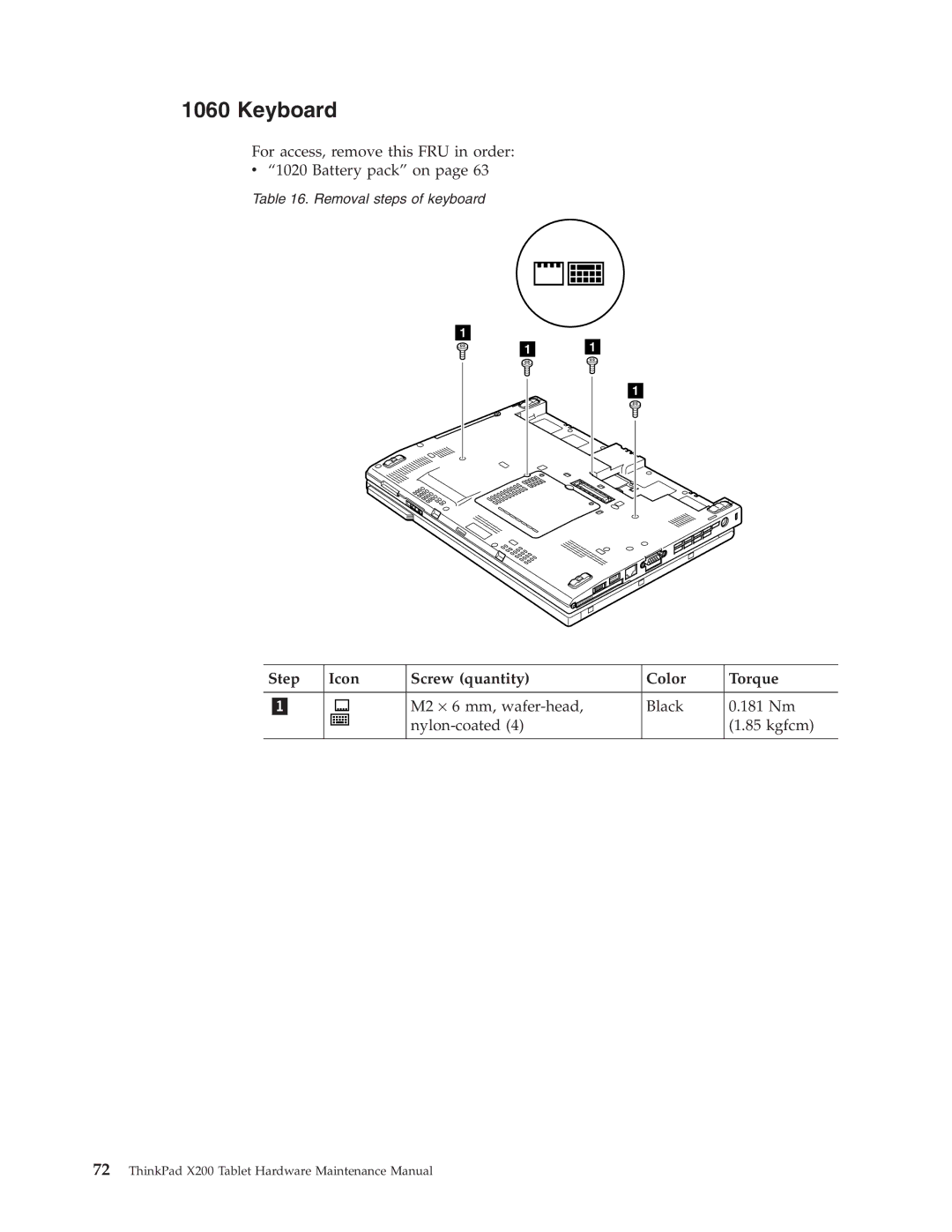 Lenovo X200 manual Keyboard, Step Icon Screw quantity Color Torque 