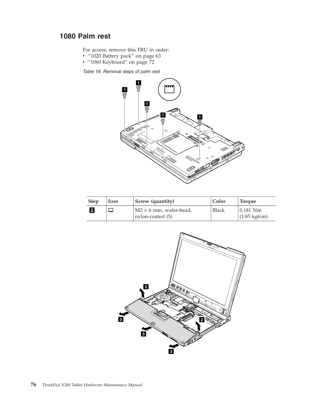 Lenovo X200 manual Palm rest, Step Icon Screw quantity Color Torque 