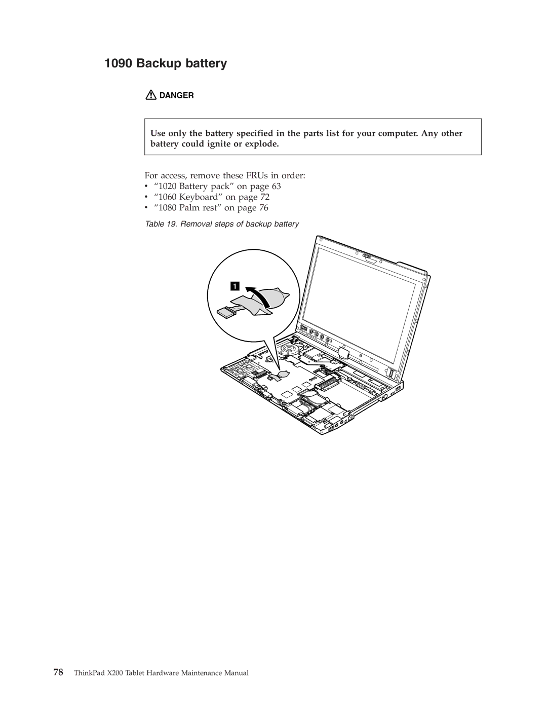 Lenovo X200 manual Backup battery 