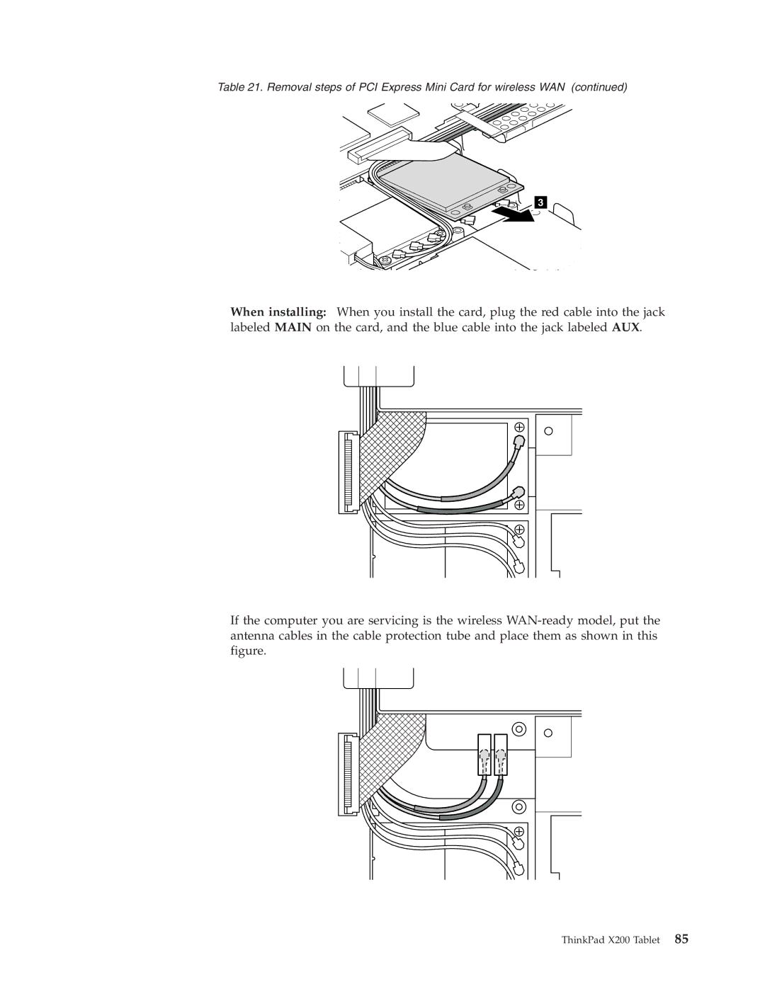 Lenovo X200 manual Removal steps of PCI Express Mini Card for wireless WAN 