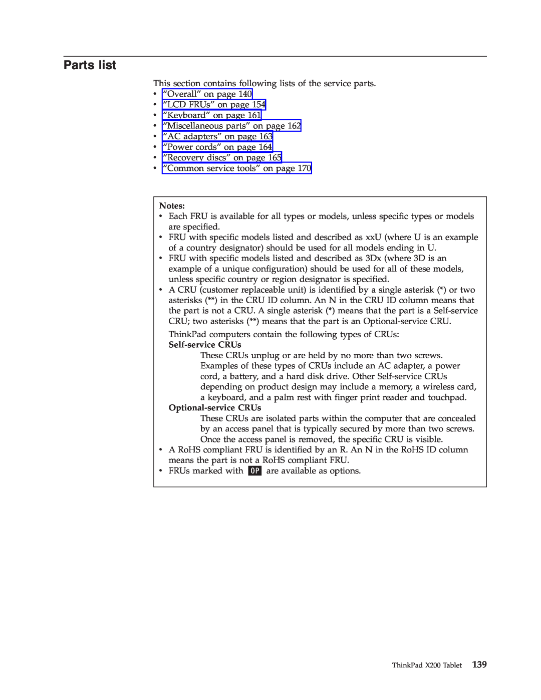 Lenovo X200 manual Parts list, Notes, Self-serviceCRUs, Optional-serviceCRUs 