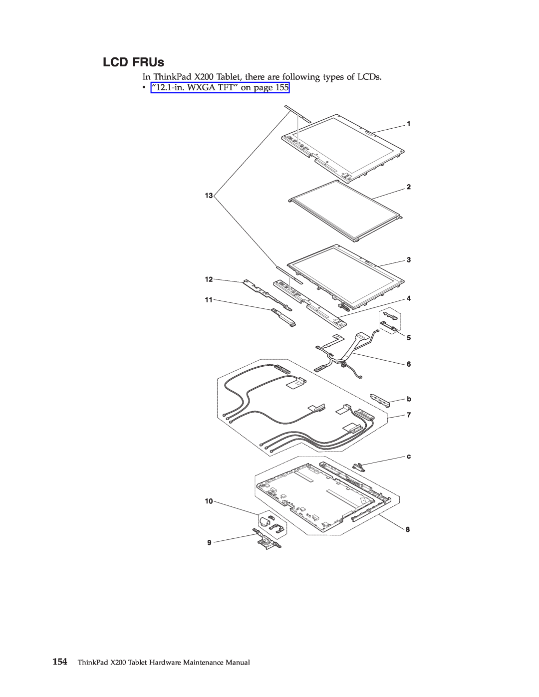 Lenovo X200 manual LCD FRUs, v“12.1-in.WXGA TFT” on page, 13 12 11 10 9, 1 2 3 4 5 6 b c 8 