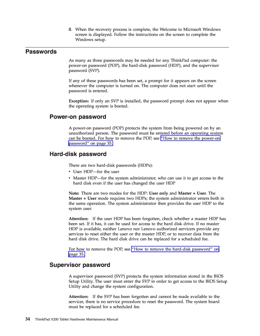 Lenovo X200 manual Passwords, Power-onpassword, Hard-diskpassword, Supervisor password 