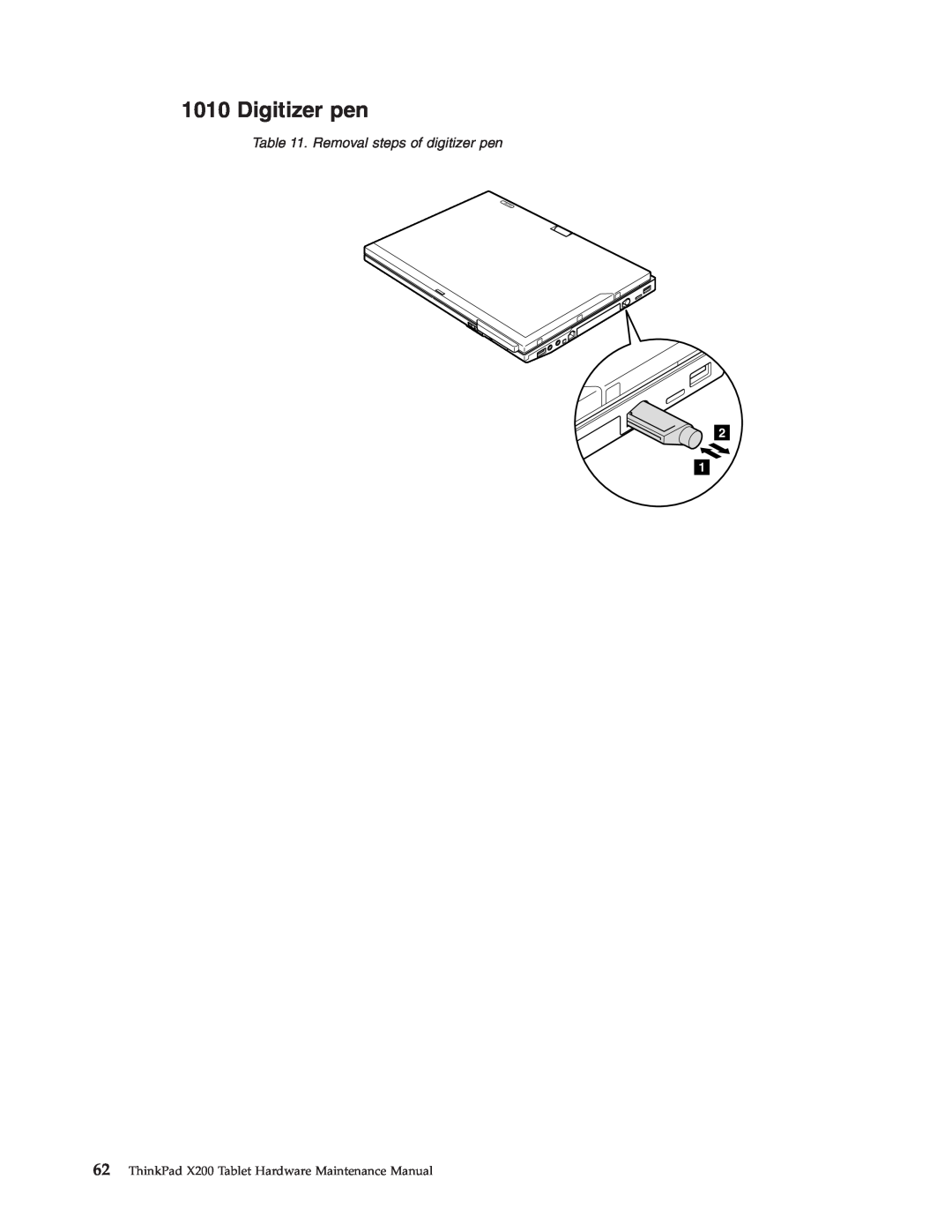Lenovo X200 manual Digitizer pen, Removal steps of digitizer pen 