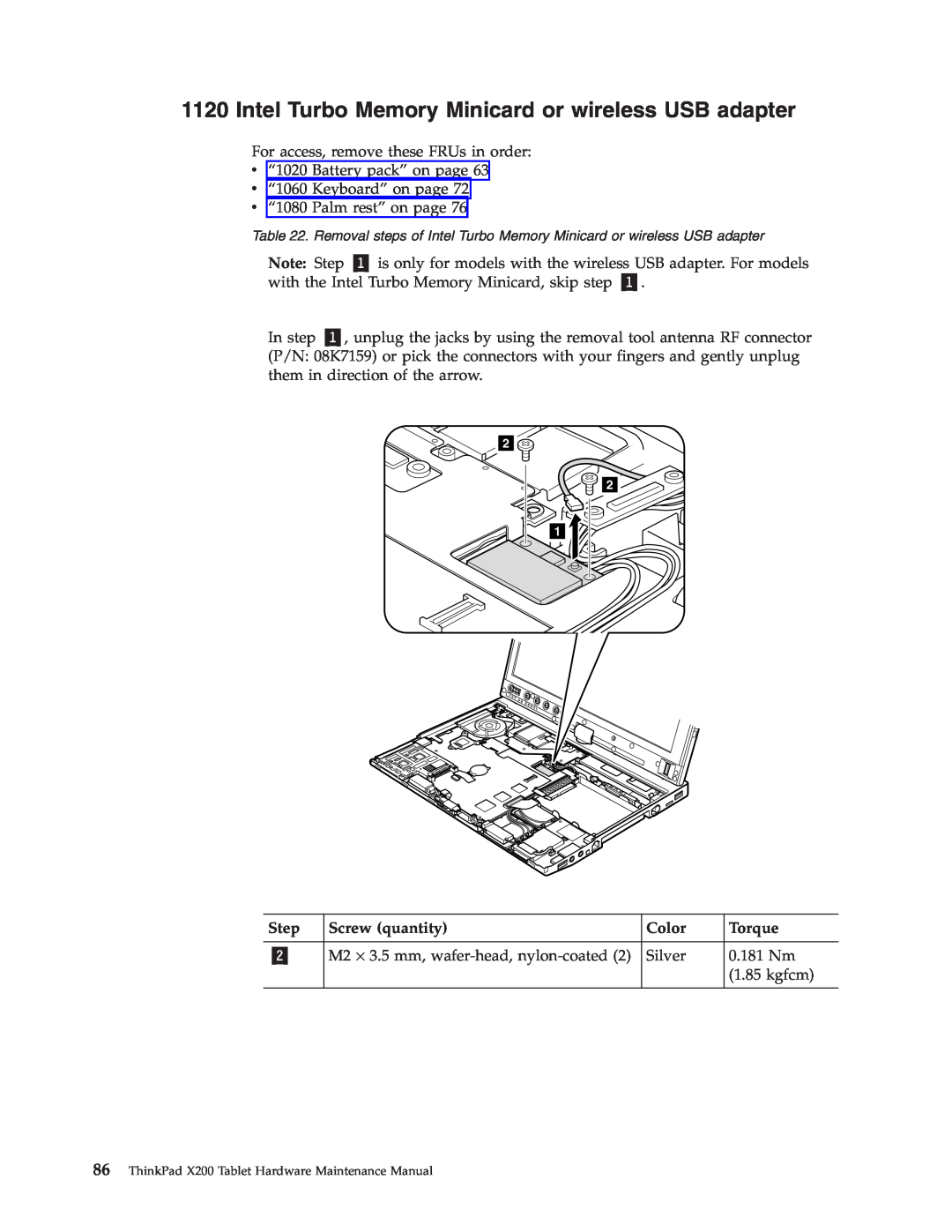 Lenovo X200 manual Note: Step, Screw quantity, Color, Torque 
