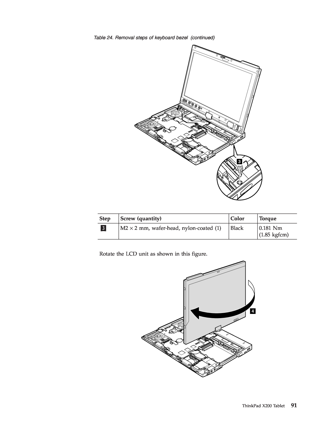 Lenovo manual Step, Screw quantity, Color, Torque, ThinkPad X200 Tablet 