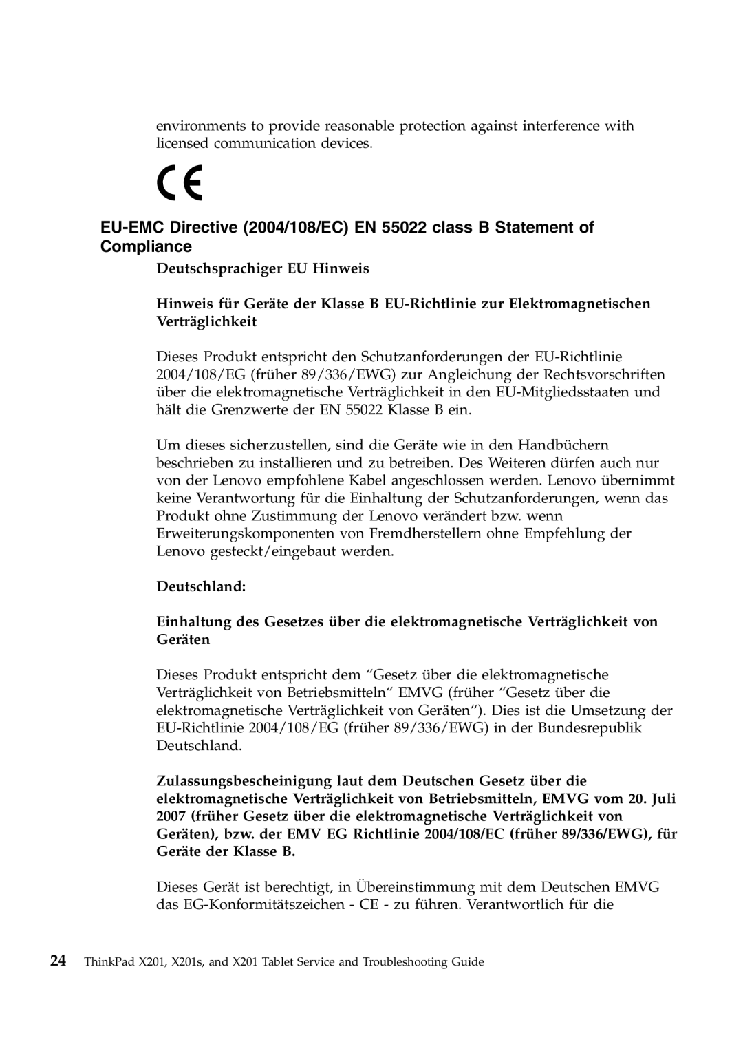 Lenovo 309392U, X201S EU-EMC Directive 2004/108/EC EN 55022 class B Statement of Compliance, Deutschsprachiger EU Hinweis 