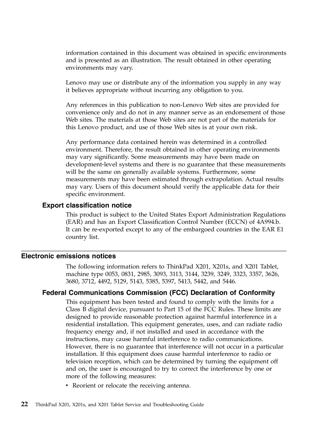 Lenovo X201S, 311396U, 309392U, 309323U, 309395U, 309324U, 2985EWU Export classification notice, Electronic emissions notices 