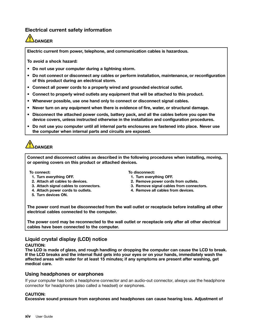 Lenovo X220I Electrical current safety information, Liquid crystal display LCD notice, Using headphones or earphones 