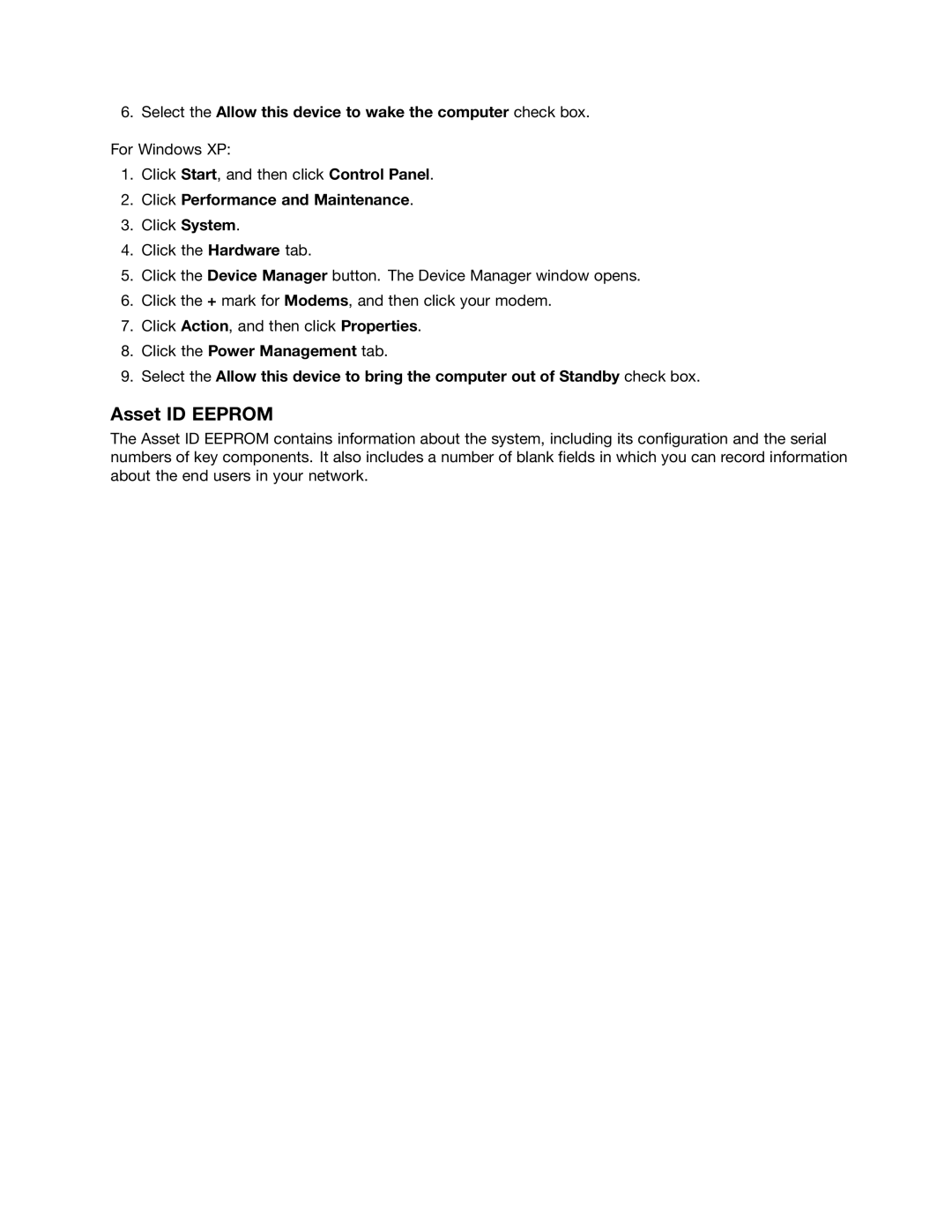 Lenovo 429133U Setting management features, Asset ID Eeprom, Select the Allow this device to wake the computer check box 