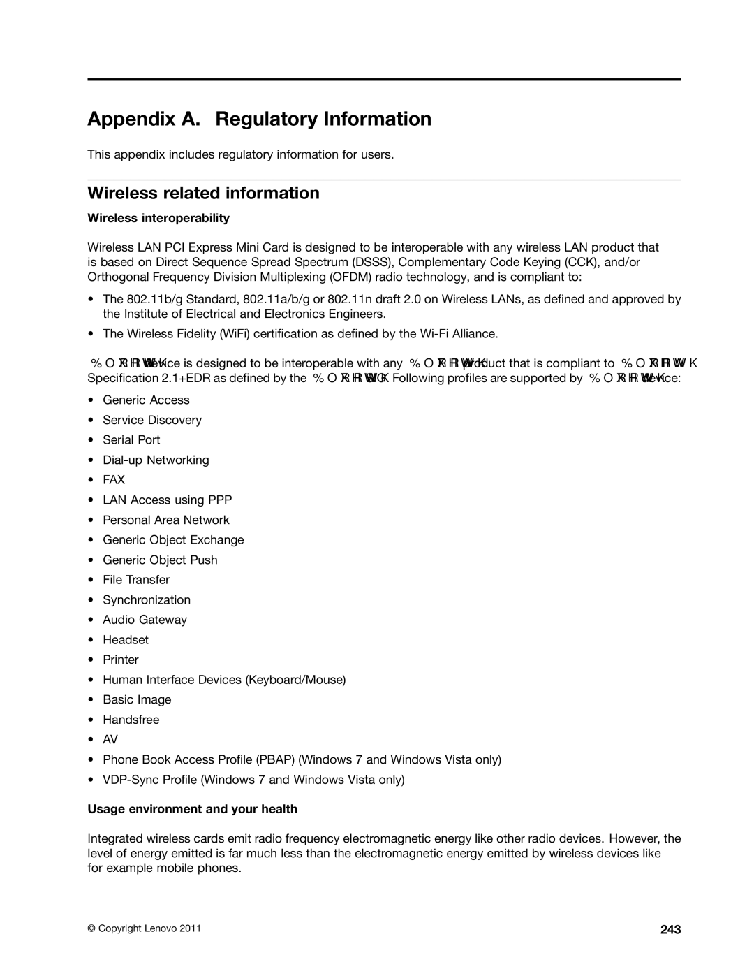 Lenovo X220I TABLET manual Appendix A. Regulatory Information, Wireless related information, Wireless interoperability, 243 