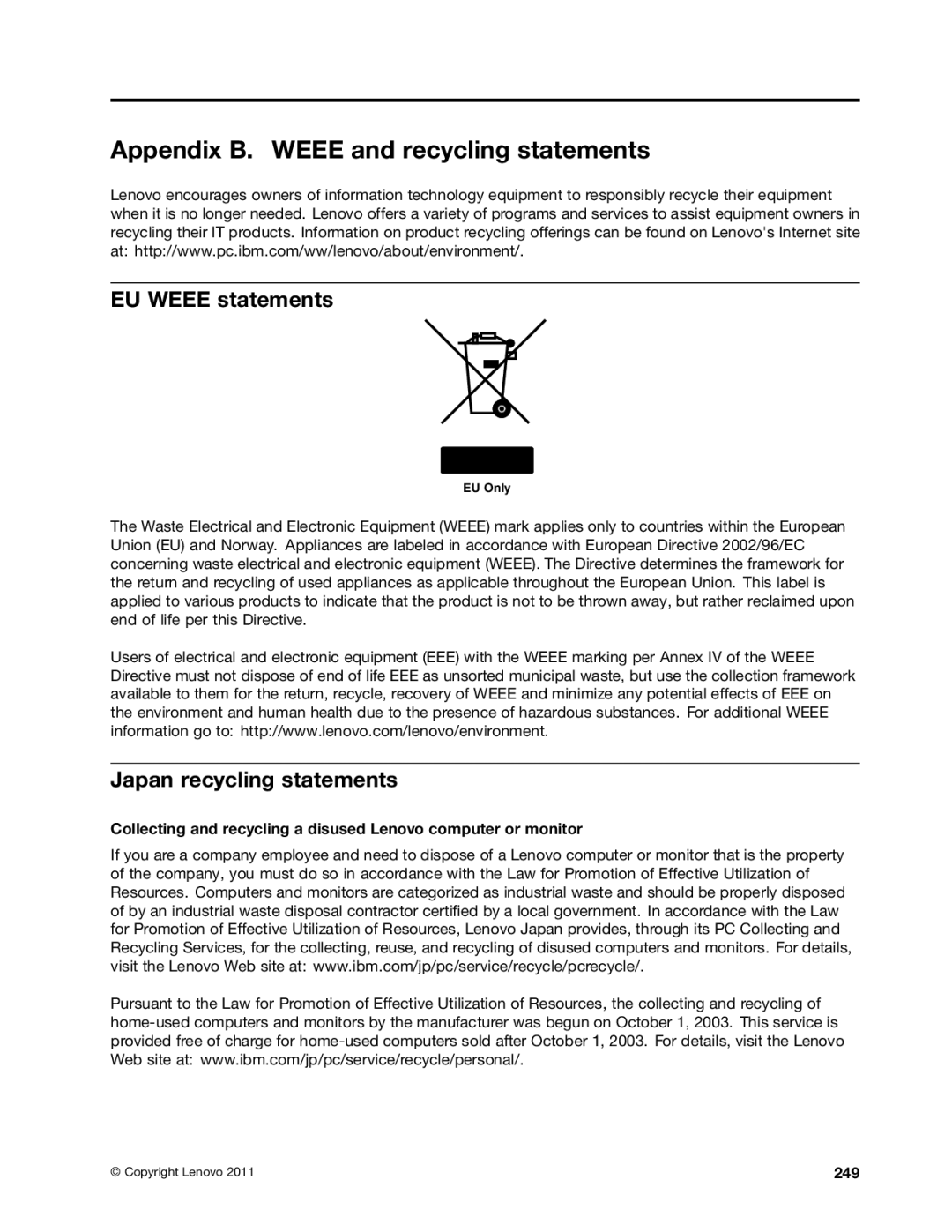 Lenovo 4290WFZPC10D518 Appendix B. Weee and recycling statements, EU Weee statements, Japan recycling statements, 249 